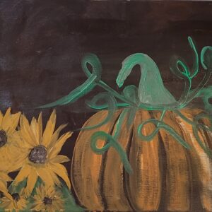 A vibrant painting of a pumpkin surrounded by sunflowers, evoking the warmth and beauty of autumn.