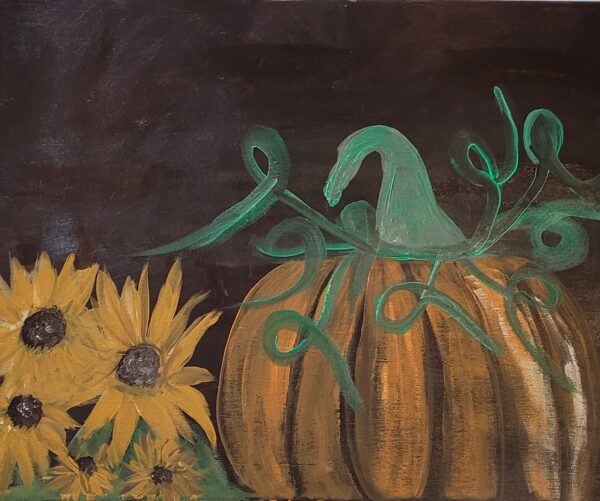 A vibrant painting of a pumpkin surrounded by sunflowers, evoking the warmth and beauty of autumn.