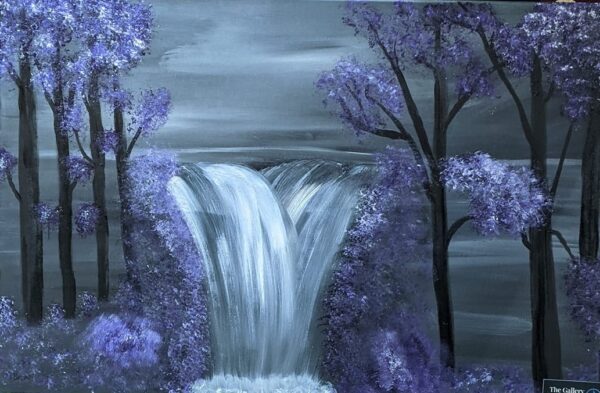 A vibrant painting of a purple waterfall cascading over rocks, surrounded by lush vegetation, creating a mystical and serene atmosphere.