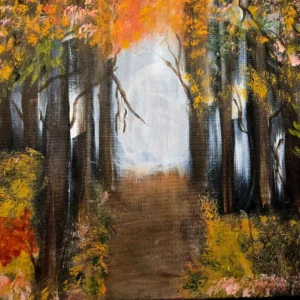 A peaceful painting of a serene forest path, inviting viewers to take a stroll through the woods surrounded by lush greenery.