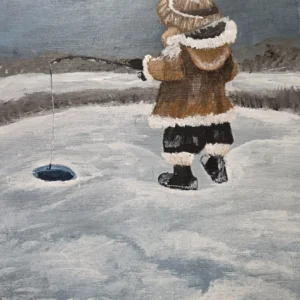 A painting of a young boy ice fishing on a frozen lake, bundled up in winter clothes, surrounded by snow and the calm, icy landscape.