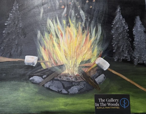 A cozy scene of a campfire glowing warmly in the evening, surrounded by rocks and a peaceful outdoor setting under the night sky.